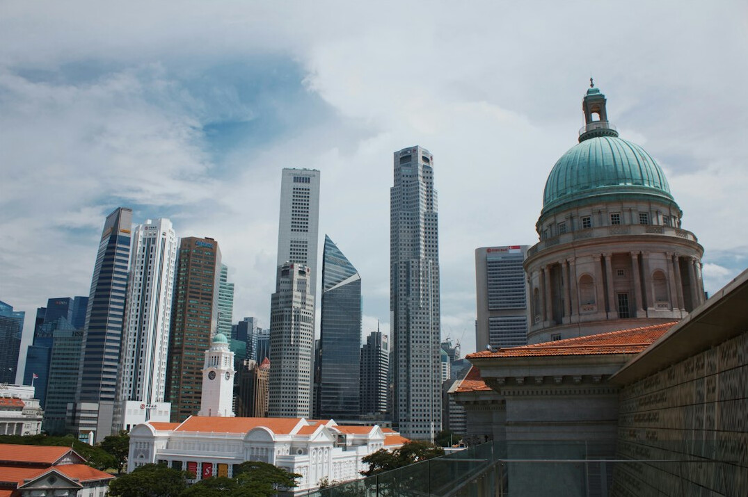 Modern law firm office interior with Singapore skyline view